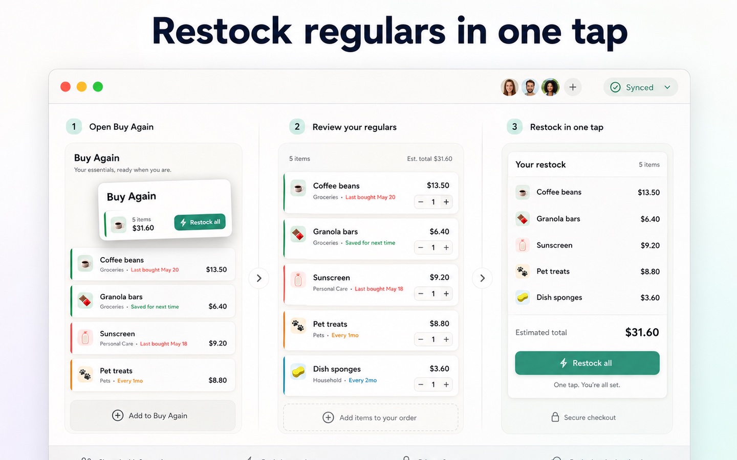 Restock Mac app with list sidebar, Buy Again items, regular purchase review, and item details