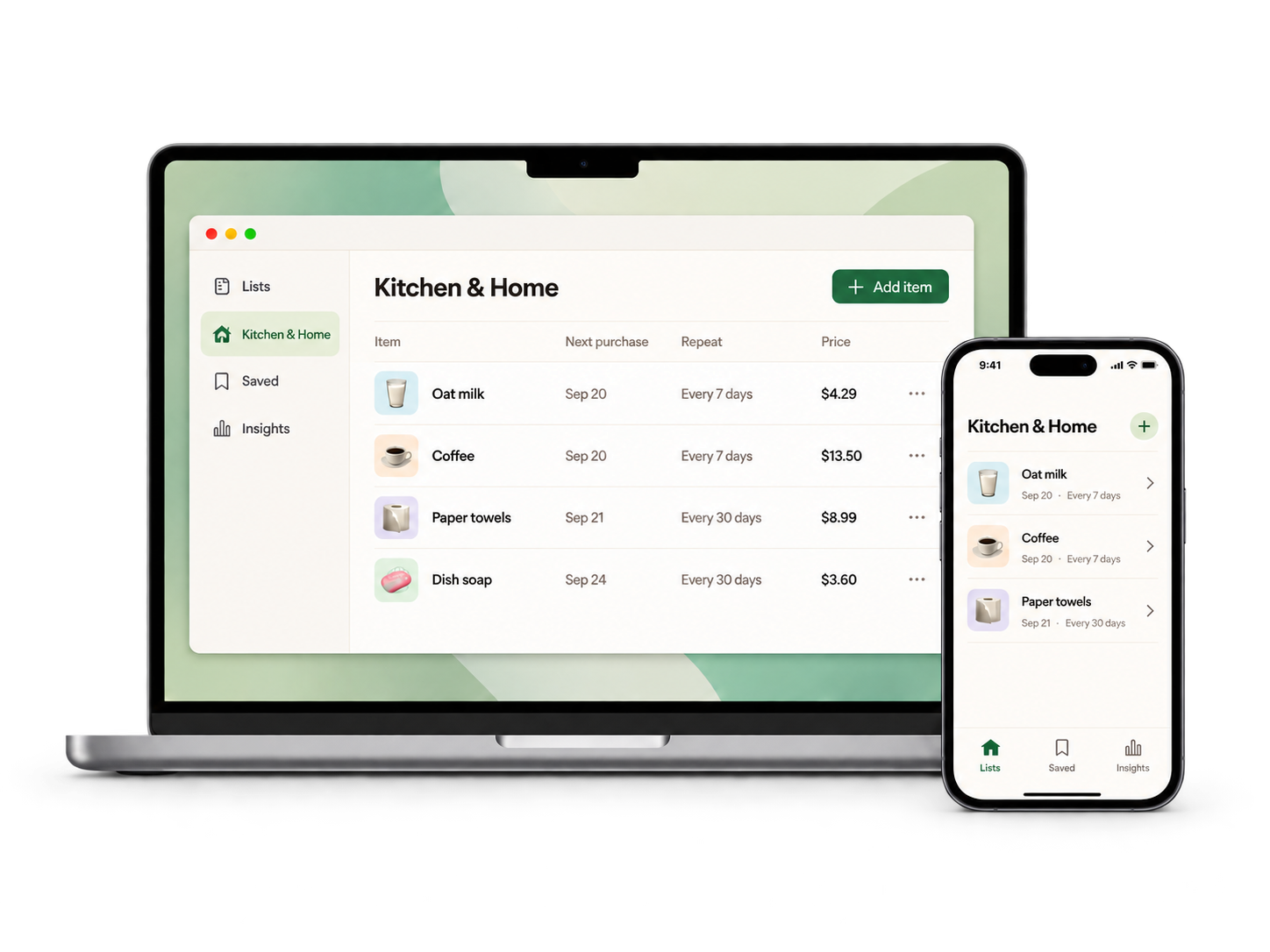 Restock on a MacBook and iPhone, showing matching Kitchen and Home lists, with the app’s warm palette. Illustrative app preview.